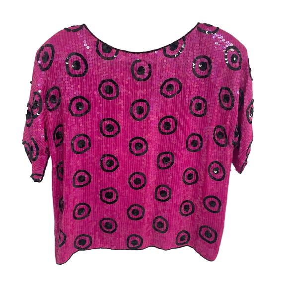 Vintage JLB Pure Silk Pink Black Polka Dot Sequin Embellished Top Medium AS IS - Picture 6 of 7